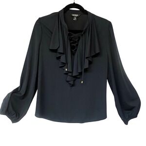 Lauren Ralph Lauren Black Ruffle Lace-Up V-Neck Bishop Sleeve Blouse. Medium